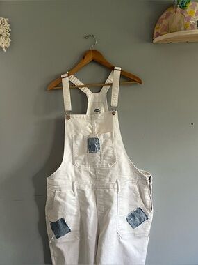 Old Navy White Denim Overalls with Blue Patch Details